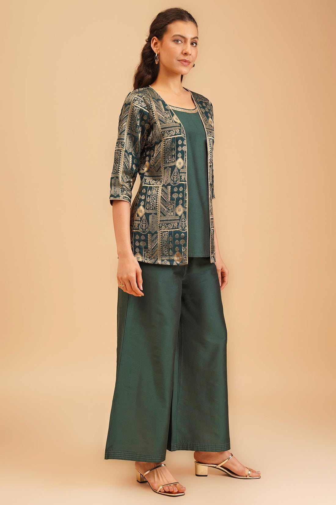 Green Jacquard Zari Straight Top with Palazzo Set