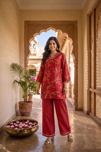 Red Floral Printed Straight Kurta with Palazzo Set