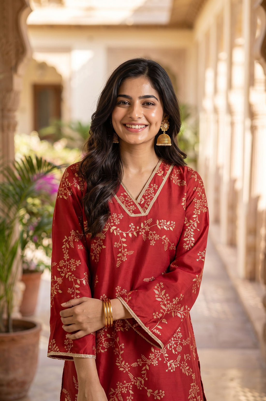 Red Floral Printed Straight Kurta with Palazzo Set