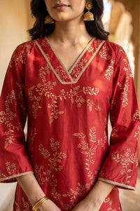 Red Floral Printed Straight Kurta with Palazzo Set