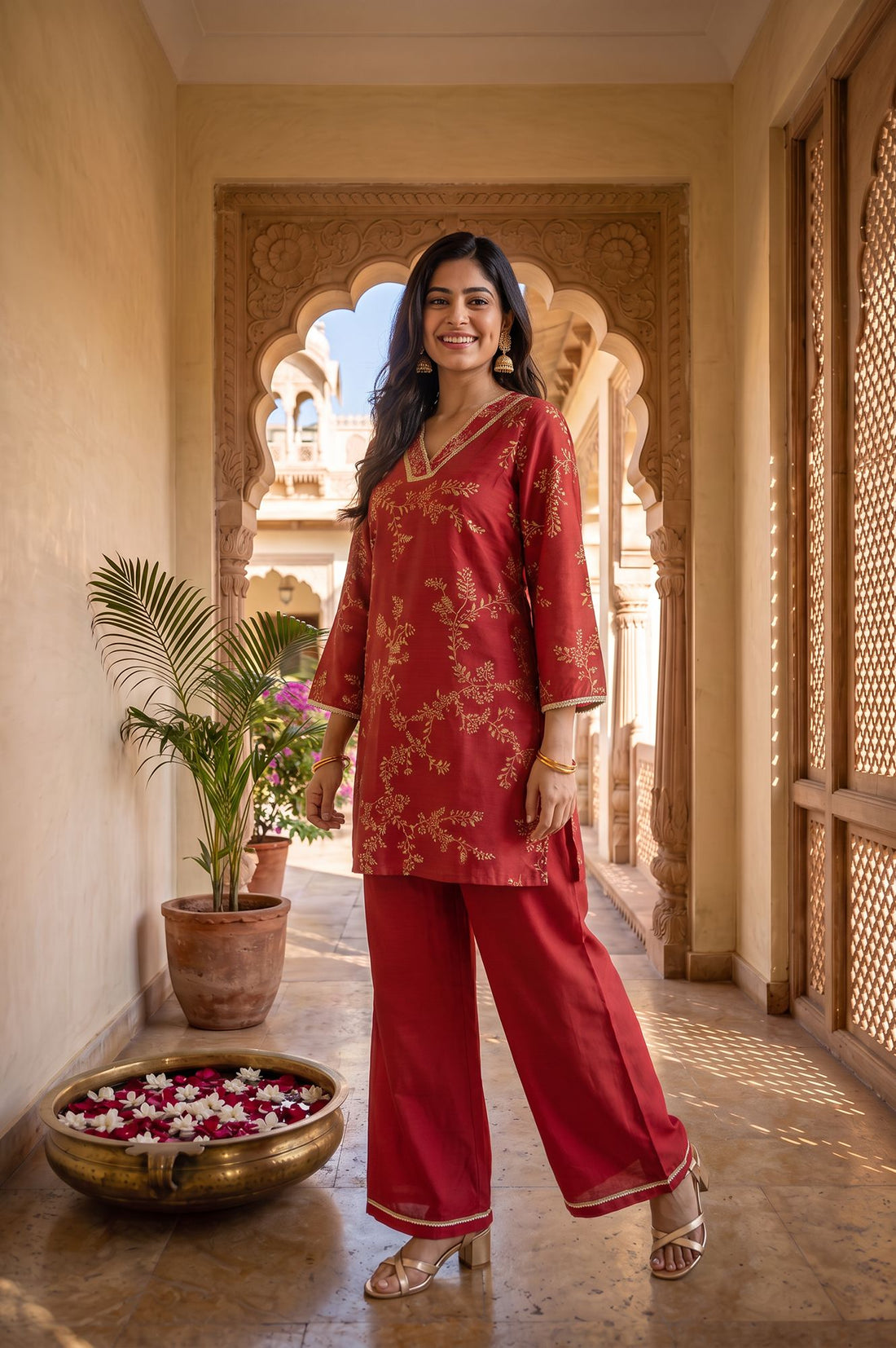 Red Floral Printed Straight Kurta with Palazzo Set