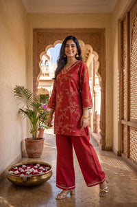 Red Floral Printed Straight Kurta with Palazzo Set