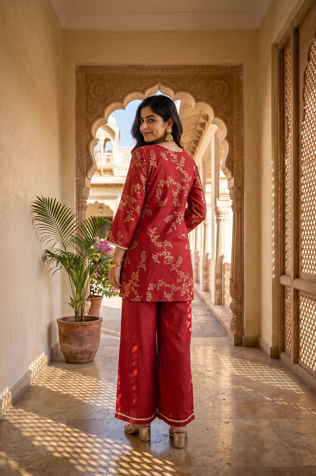 Red Floral Printed Straight Kurta with Palazzo Set