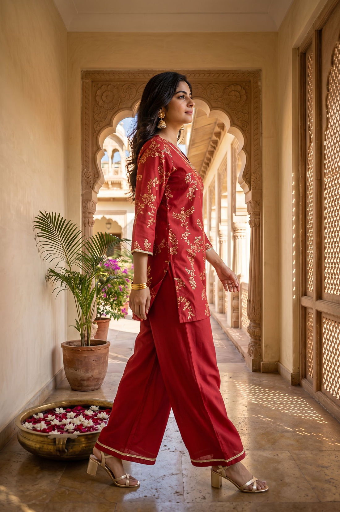 Red Floral Printed Straight Kurta with Palazzo Set