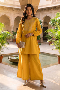 Yellow Thread Embroidered Straight Top with Palazzo Set
