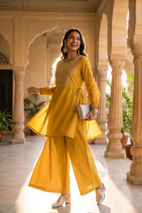 Yellow Thread Embroidered Straight Top with Palazzo Set