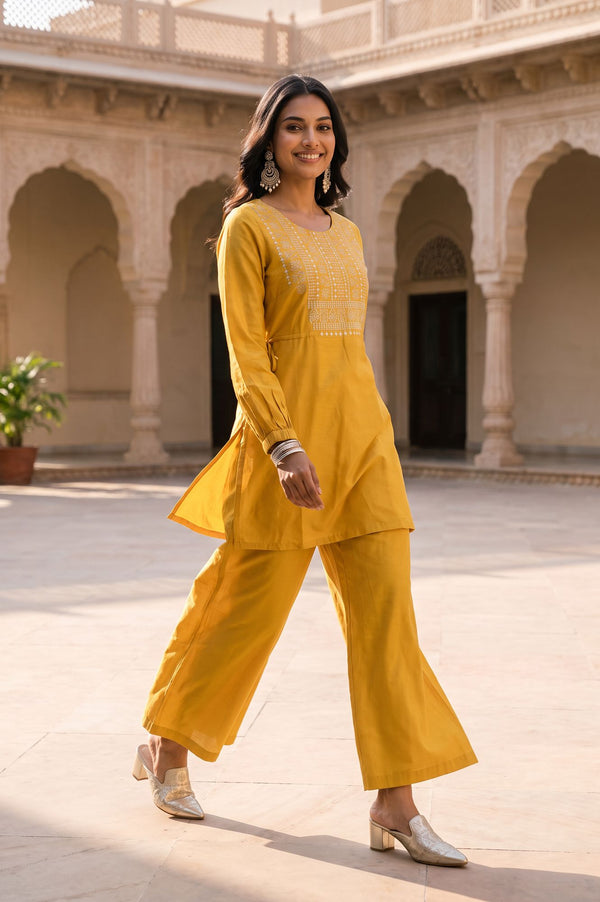 Yellow Thread Embroidered Straight Top with Palazzo Set