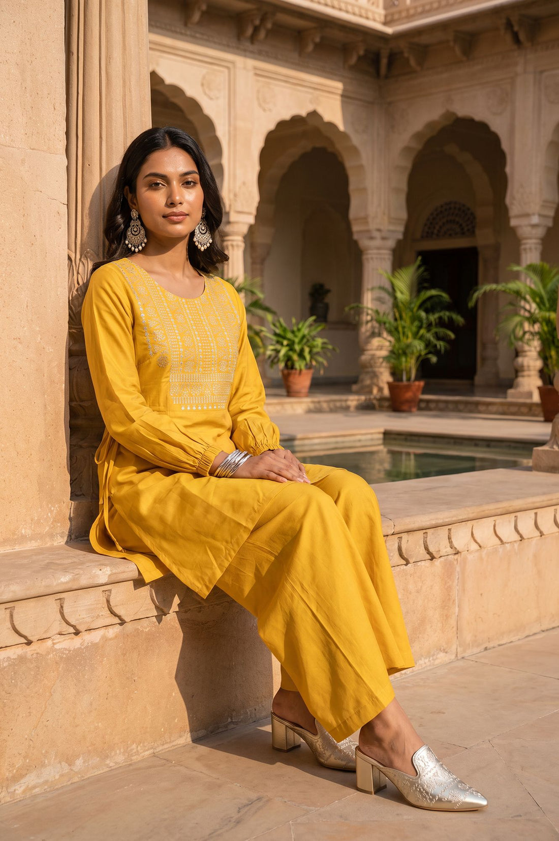 Yellow Thread Embroidered Straight Top with Palazzo Set