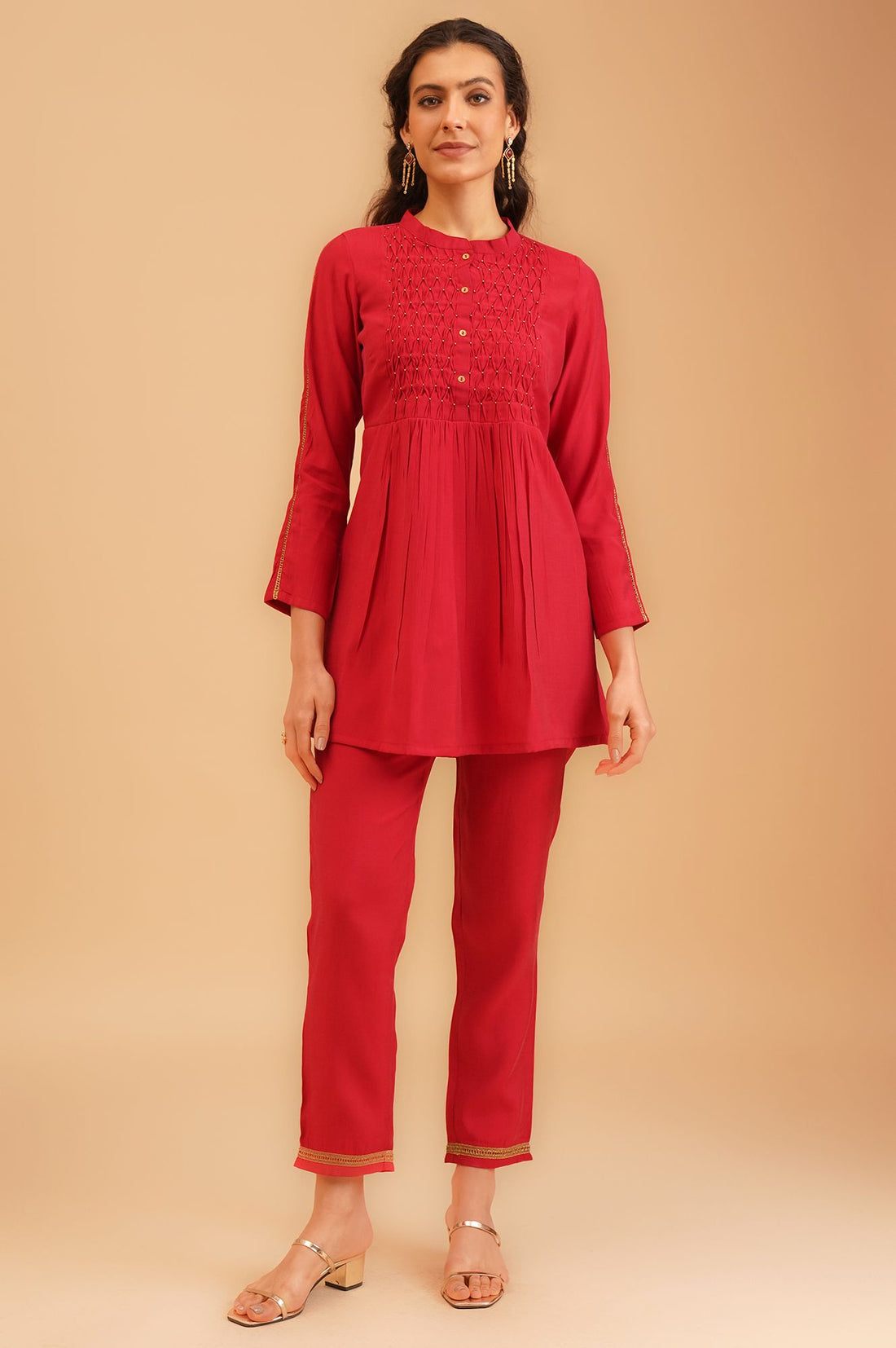 Red Beadwork Chanderi A-line Kurta with Trousers Set