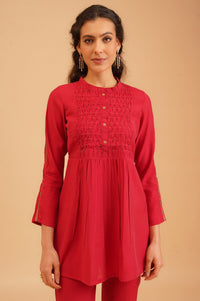 Red Beadwork Chanderi A-line Kurta with Trousers Set