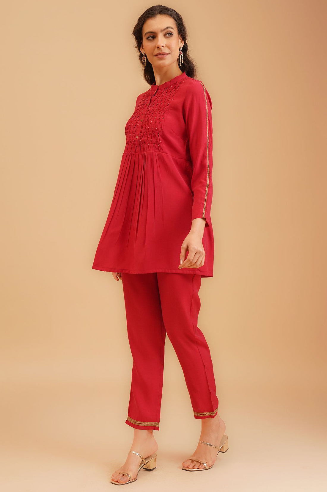 Red Beadwork Chanderi A-line Kurta with Trousers Set