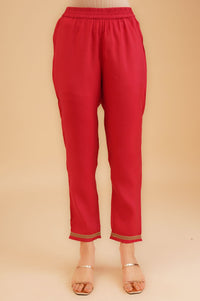 Red Beadwork Chanderi A-line Kurta with Trousers Set