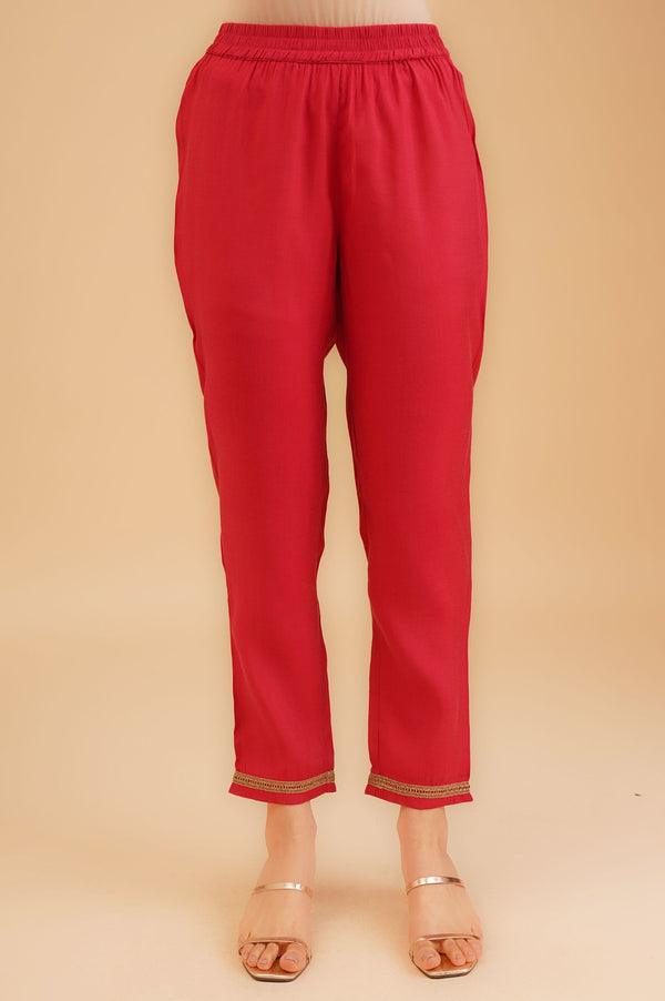 Red Beadwork Chanderi A-line Kurta with Trousers Set