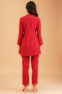 Red Beadwork Chanderi A-line Kurta with Trousers Set