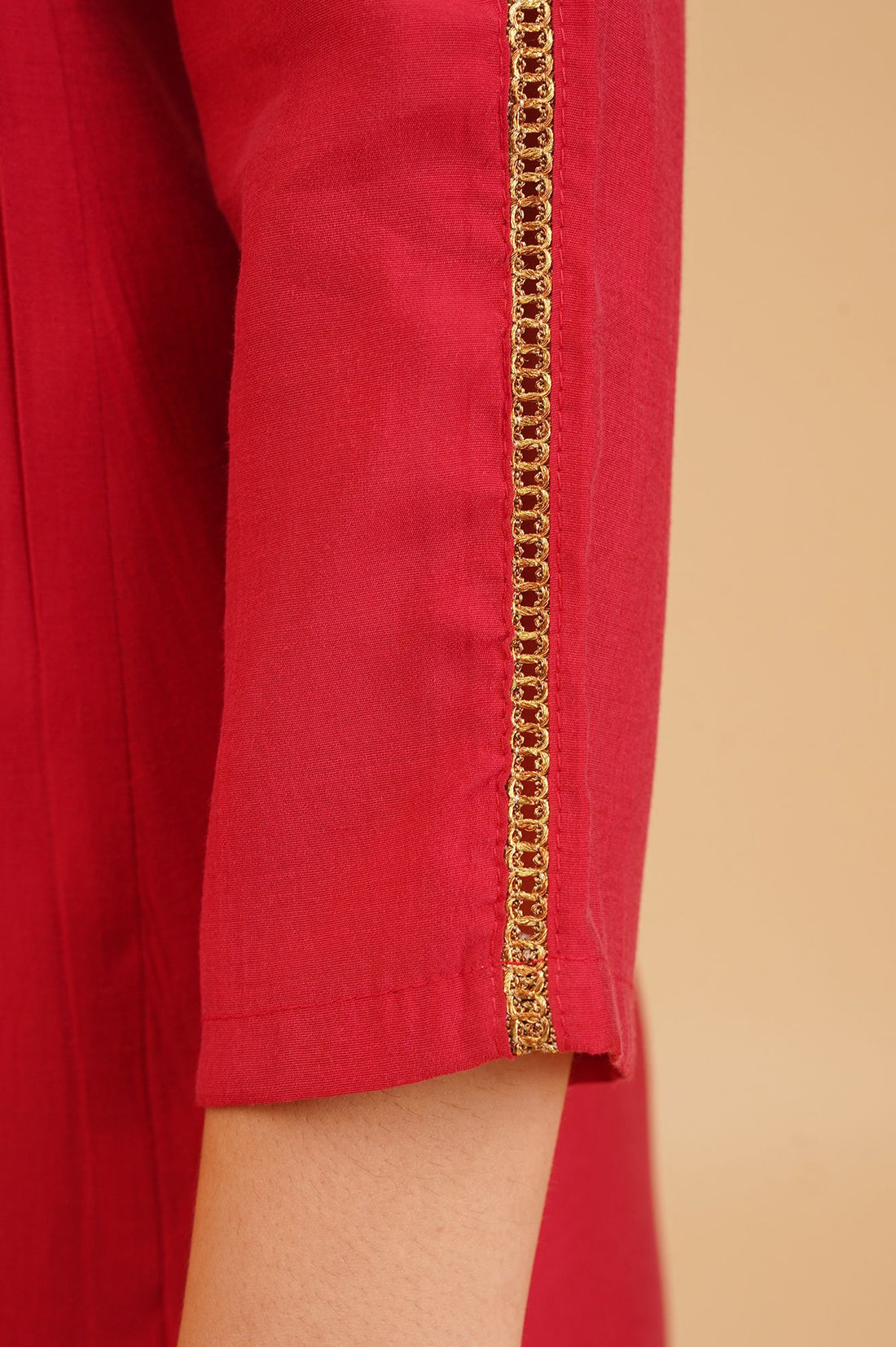 Red Beadwork Chanderi A-line Kurta with Trousers Set