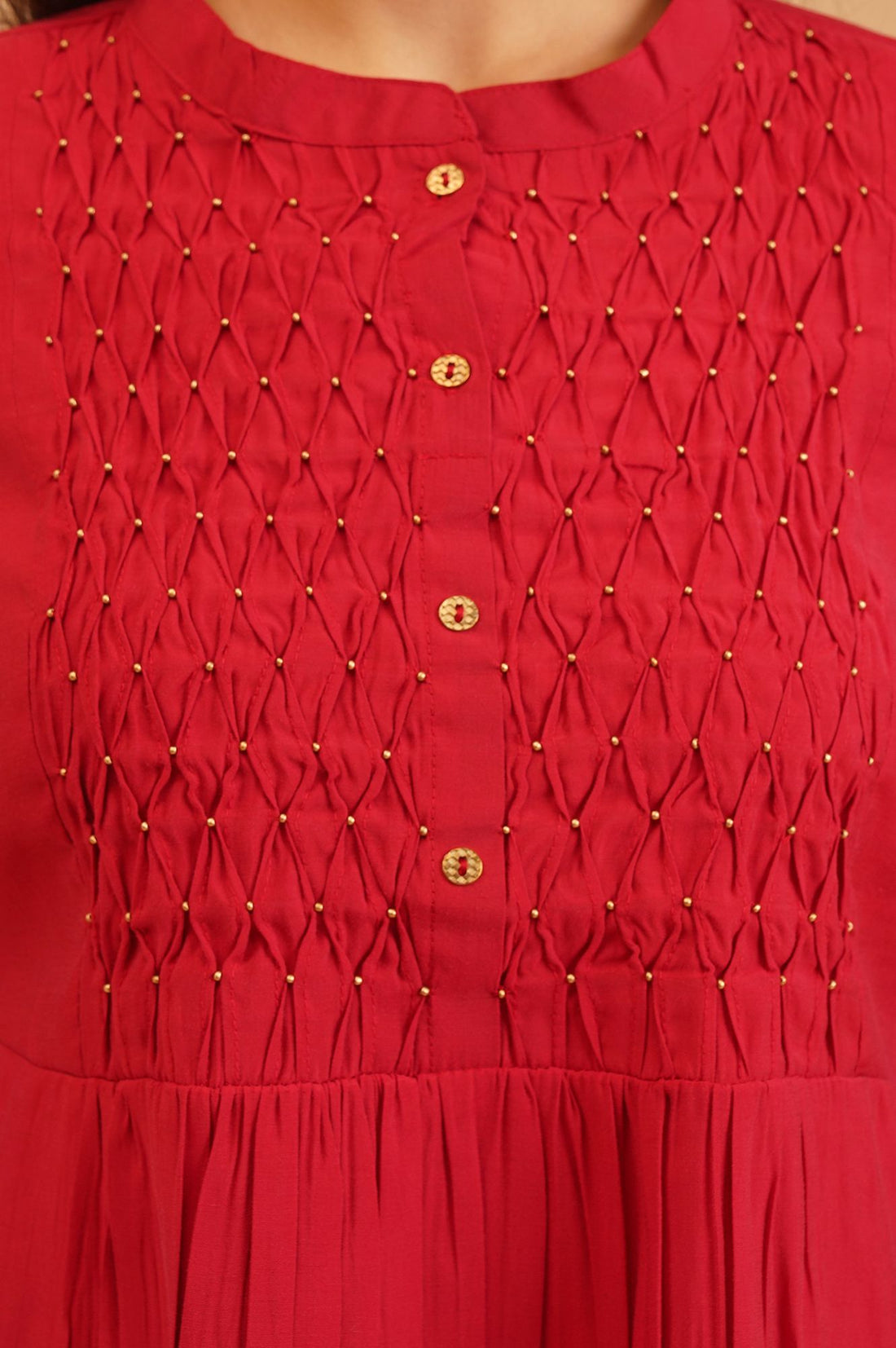 Red Beadwork Chanderi A-line Kurta with Trousers Set