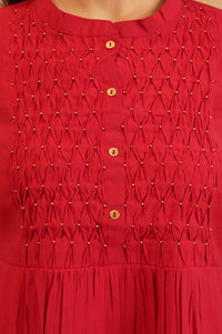 Red Beadwork Chanderi A-line Kurta with Trousers Set