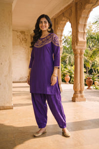 Purple Zari Embroidered Faux Chanderi Straight Kurta with Salwar Set