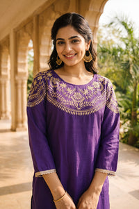 Purple Zari Embroidered Faux Chanderi Straight Kurta with Salwar Set