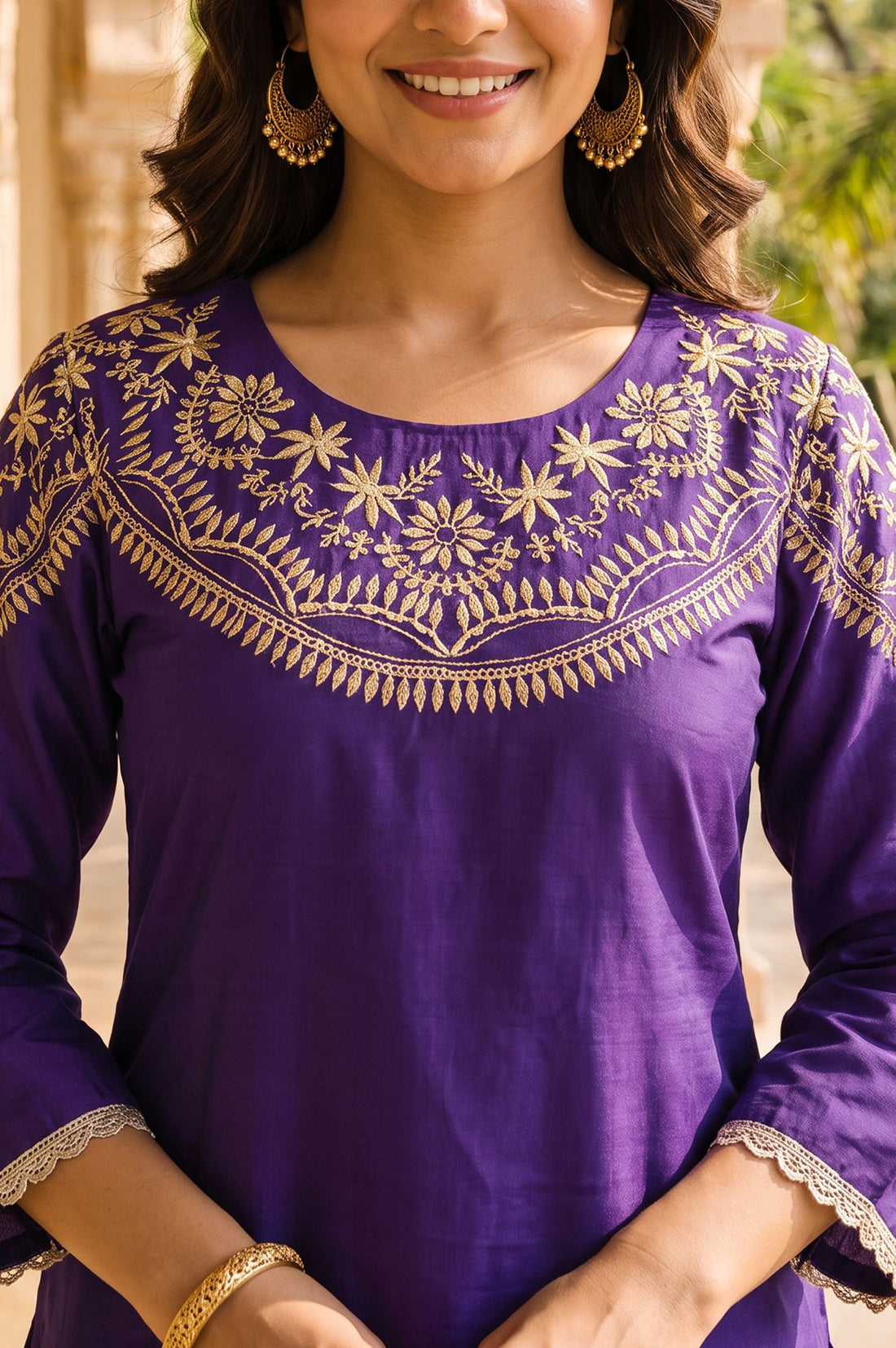 Purple Zari Embroidered Faux Chanderi Straight Kurta with Salwar Set