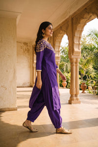 Purple Zari Embroidered Faux Chanderi Straight Kurta with Salwar Set