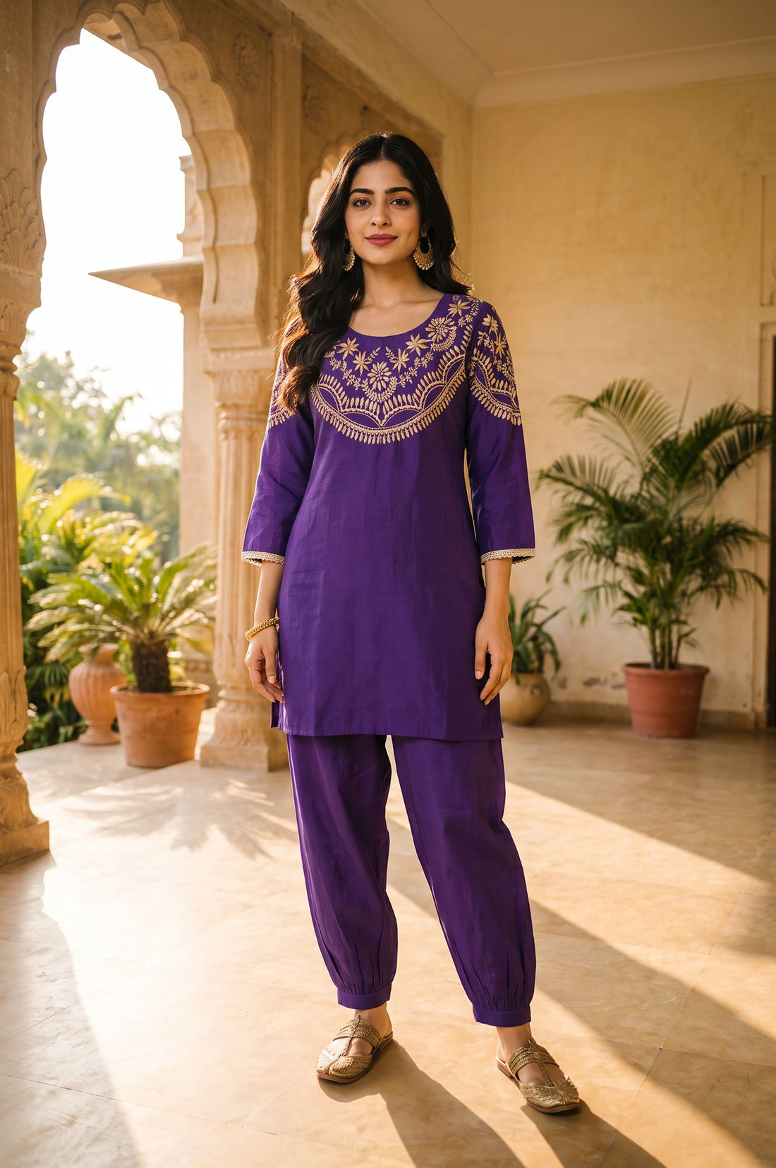 Purple Zari Embroidered Faux Chanderi Straight Kurta with Salwar Set