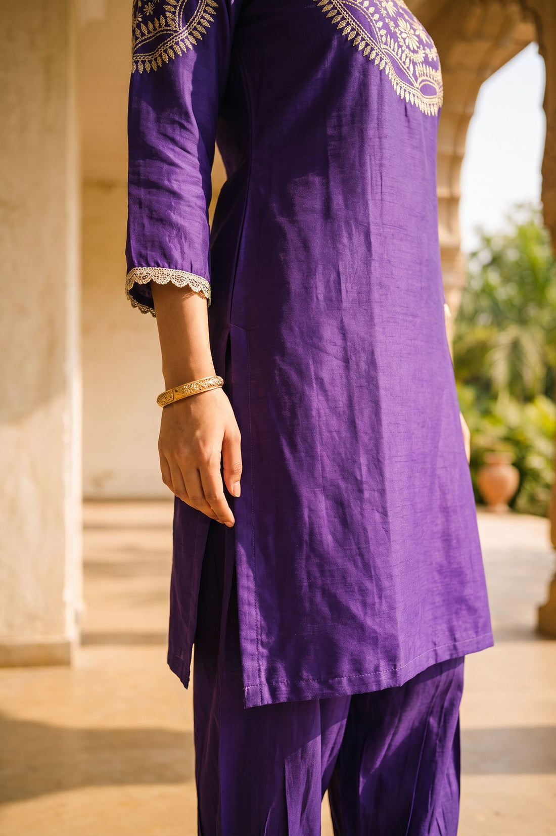 Purple Zari Embroidered Faux Chanderi Straight Kurta with Salwar Set