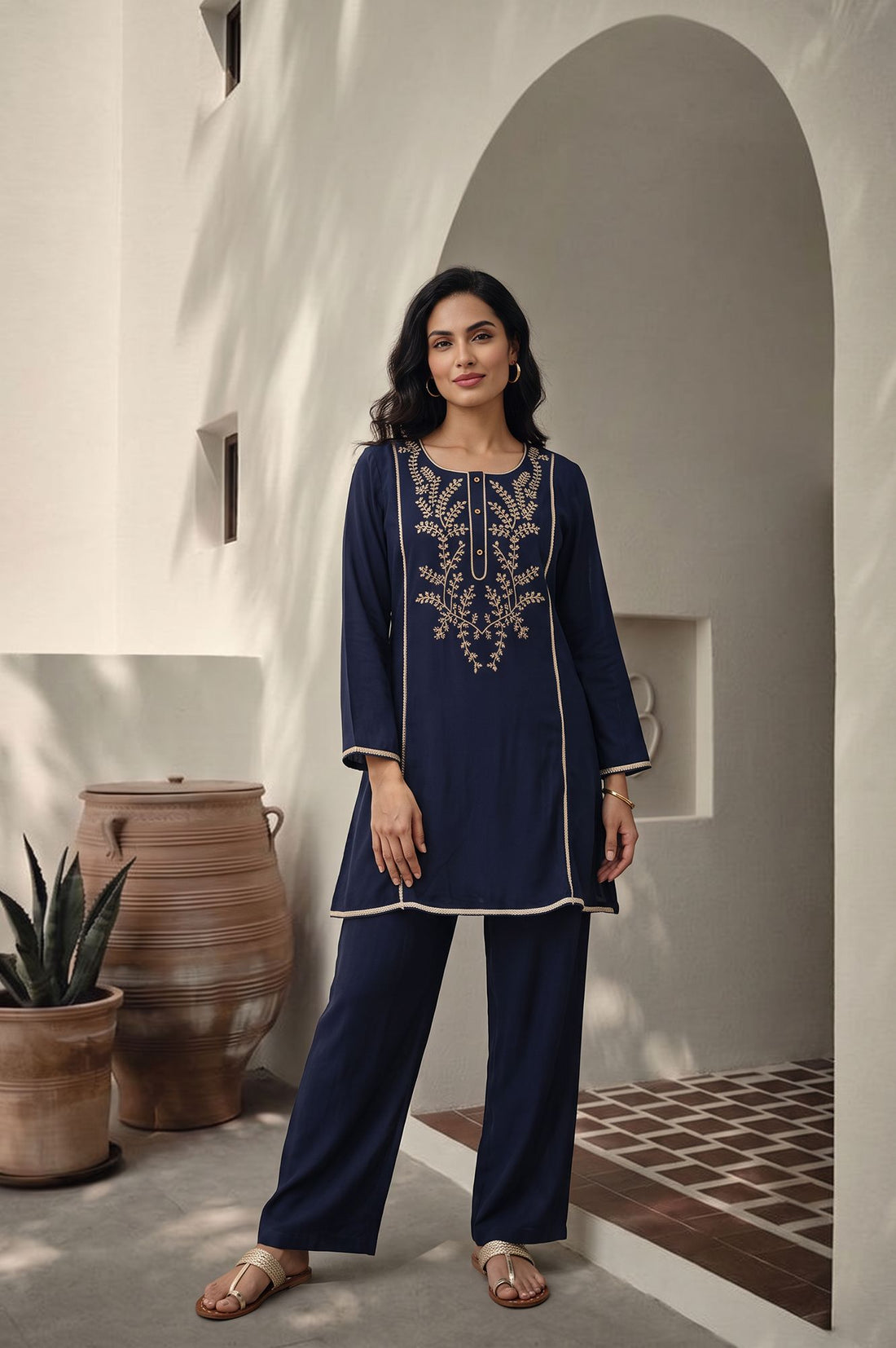 Navy Blue Embroidered Chanderi Straight Kurta with Palazzo Co-ord Set