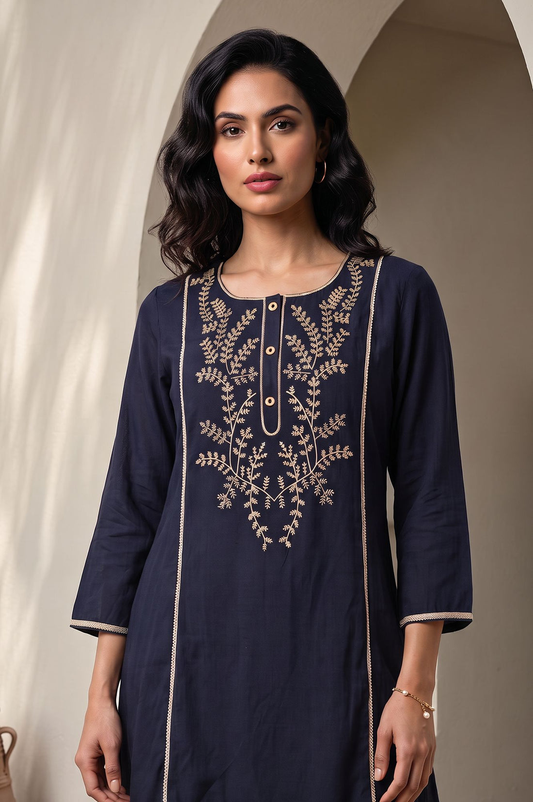 Navy Blue Embroidered Chanderi Straight Kurta with Palazzo Co-ord Set