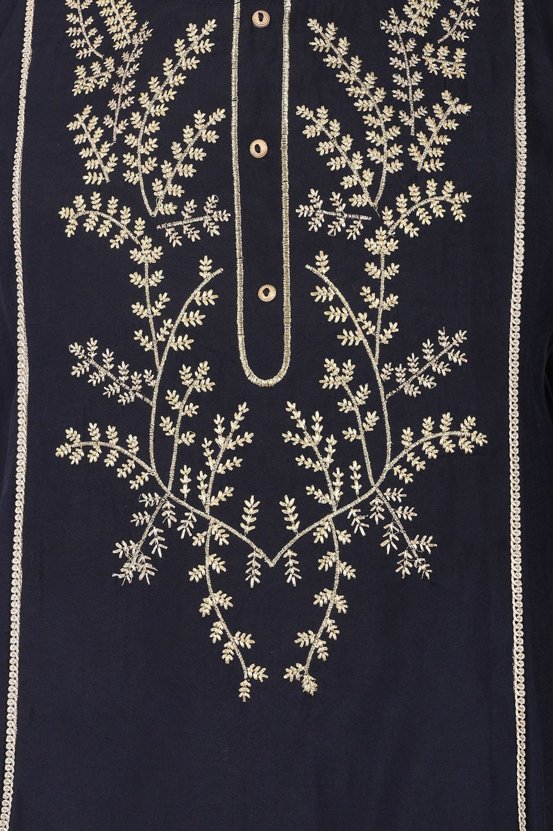 Navy Blue Embroidered Chanderi Straight Kurta with Palazzo Co-ord Set