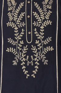 Navy Blue Embroidered Chanderi Straight Kurta with Palazzo Co-ord Set