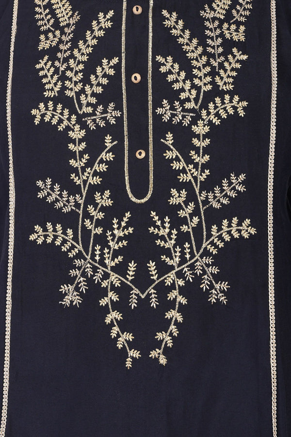 Navy Blue Embroidered Chanderi Straight Kurta with Palazzo Co-ord Set
