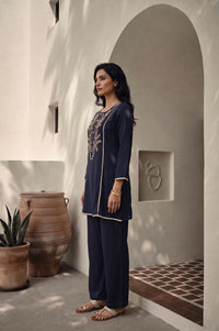 Navy Blue Embroidered Chanderi Straight Kurta with Palazzo Co-ord Set