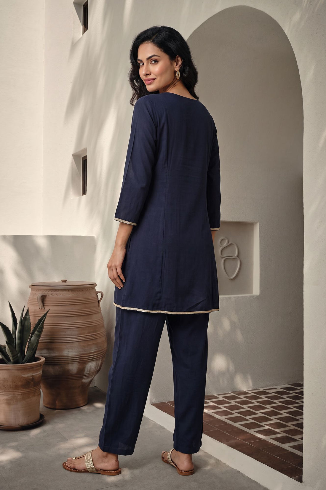 Navy Blue Embroidered Chanderi Straight Kurta with Palazzo Co-ord Set