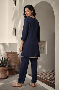Navy Blue Embroidered Chanderi Straight Kurta with Palazzo Co-ord Set