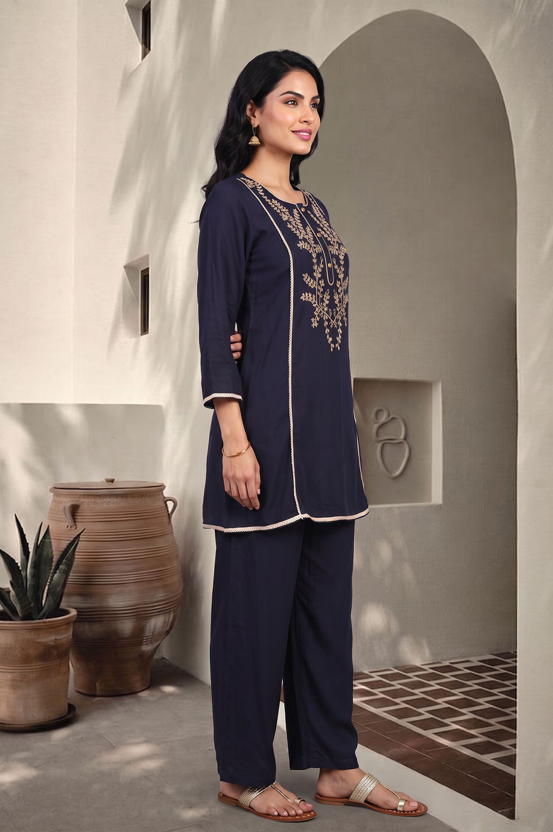 Navy Blue Embroidered Chanderi Straight Kurta with Palazzo Co-ord Set