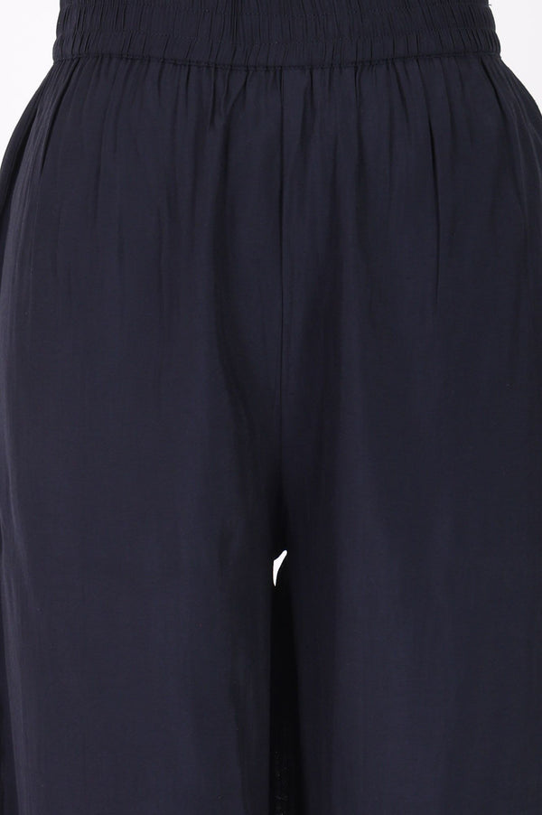 Navy Blue Embroidered Chanderi Straight Kurta with Palazzo Co-ord Set