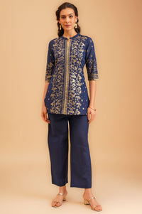 Navy Blue Foil Printed Straight Kurti with Palazzo Set