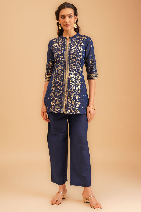 Navy Blue Foil Printed Straight Kurti with Palazzo Set