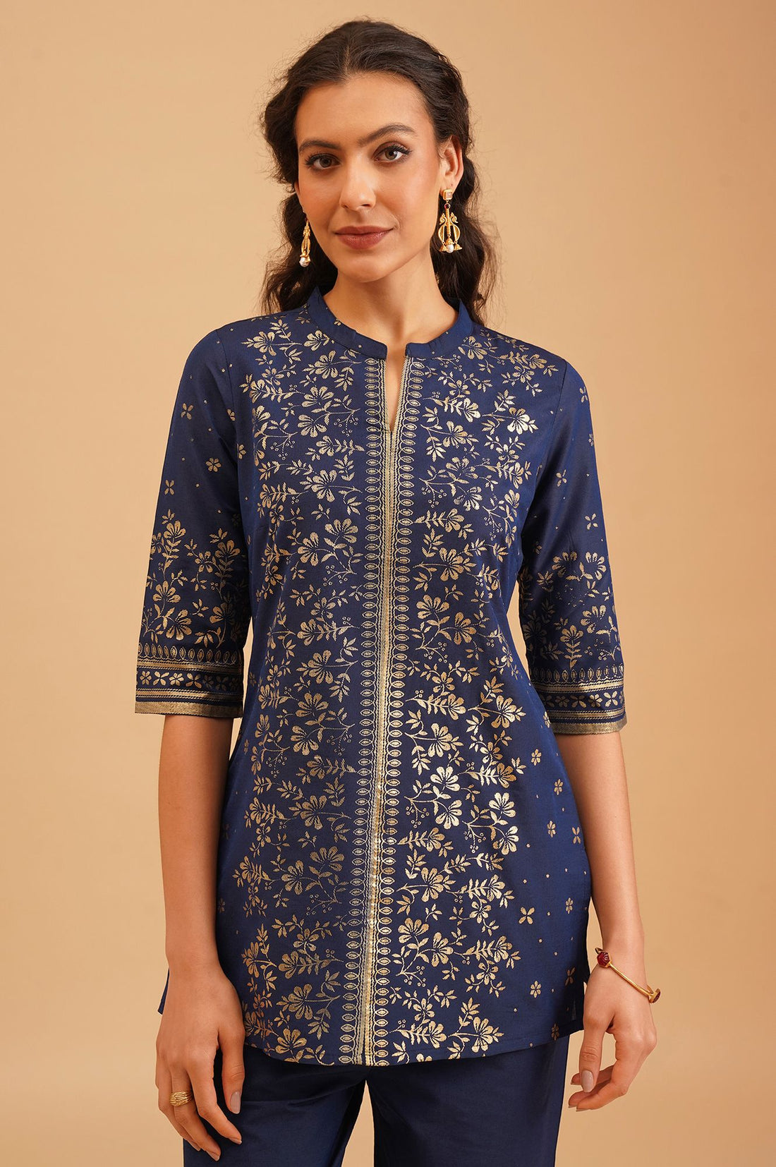 Navy Blue Foil Printed Straight Kurti with Palazzo Set