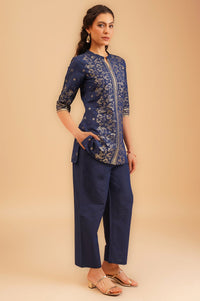 Navy Blue Foil Printed Straight Kurti with Palazzo Set