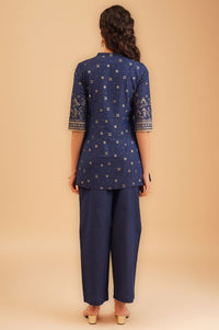 Navy Blue Foil Printed Straight Kurti with Palazzo Set
