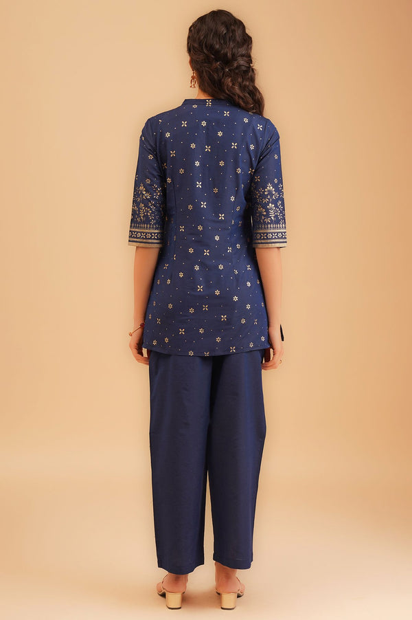 Navy Blue Foil Printed Straight Kurti with Palazzo Set