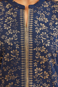 Navy Blue Foil Printed Straight Kurti with Palazzo Set