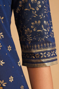 Navy Blue Foil Printed Straight Kurti with Palazzo Set