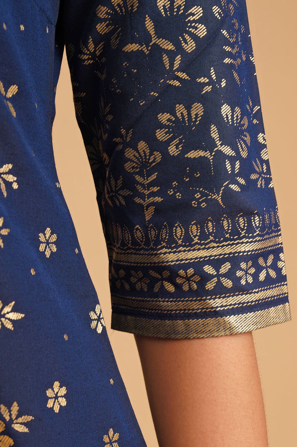 Navy Blue Foil Printed Straight Kurti with Palazzo Set
