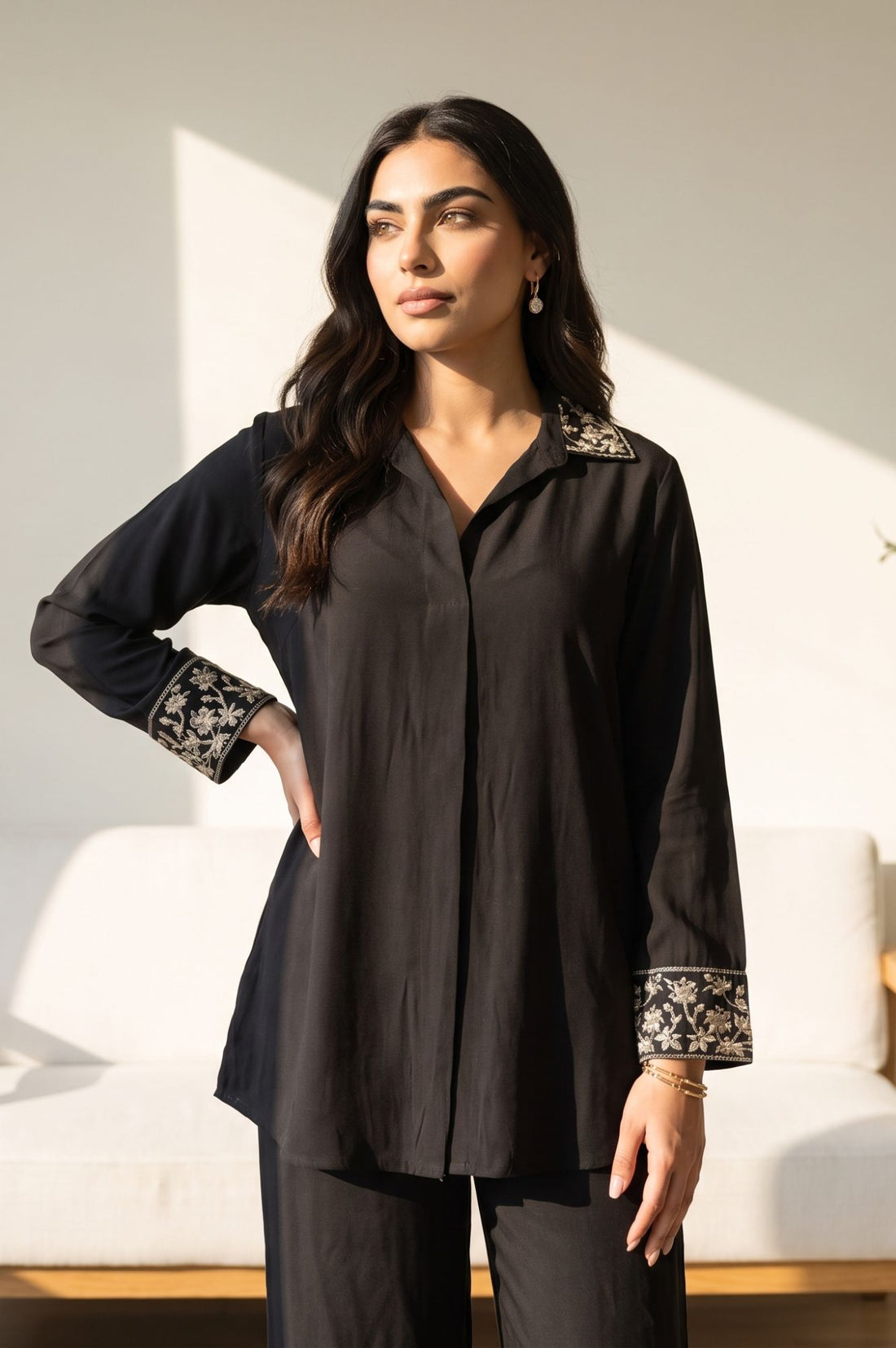 Black Faux Chanderi Zari Embroidered Top &amp; Palazzo Set