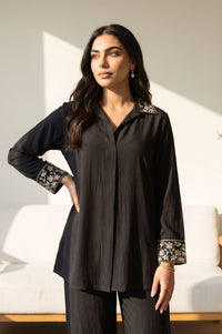 Black Faux Chanderi Zari Embroidered Top &amp; Palazzo Set