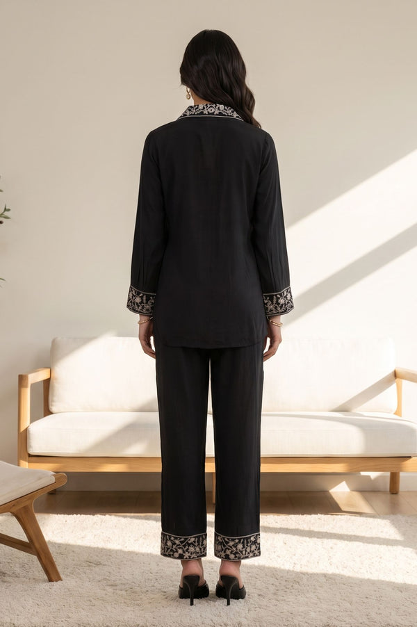 Black Faux Chanderi Zari Embroidered Top & Palazzo Set