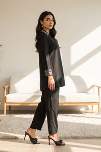 Black Faux Chanderi Zari Embroidered Top &amp; Palazzo Set